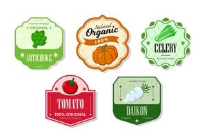 Different retro vegetables banner and labels. Packaging tags with daikon, tomato, artichoke, celery. Set of seasonal vegetables labels stickers and marks or badges template for packaging vector