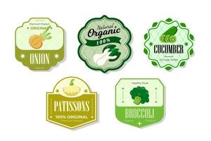 Different retro vegetables banner and labels. Packaging tags with onion, patissons, broccoli, cucumber. Set of seasonal vegetables labels stickers and marks or badges template for packaging vector