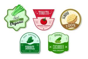 Retro fruits banner and labels. Different juices stickers. Packaging tags with tomato, sorrel, cucumber, almond. Set of seasonal fruits labels stickers and marks or badges template for packaging vector