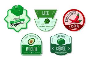 Retro fruits banner and labels. Different juices stickers. Packaging tags with leek, chili, avocado, cabbage. Set of seasonal fruits labels stickers and marks or badges template for packaging vector