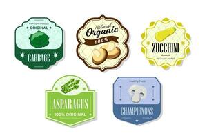 Different retro vegetables banner and labels. Packaging tags with cabbage, zucchini, asparagus, champignons. Set of seasonal vegetables labels stickers and marks or badges template for packaging vector
