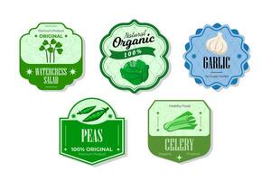 Different retro vegetables banner and labels. Packaging tags with peas, celery, garlic, watercress salad. Set of seasonal vegetables labels stickers and marks or badges template for packaging vector
