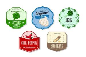 Different retro vegetables banner and labels. Packaging tags with lettuce, chili pepper, leek, soybeans. Set of seasonal vegetables labels stickers and marks or badges template for packaging vector