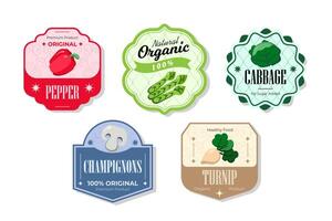 Different retro vegetables banner and labels. Packaging tags with pepper, champignons, turnip, cabbage. Set of seasonal vegetables labels stickers and marks or badges template for packaging vector