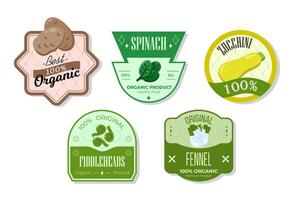 Retro fruits banner and labels. Different juices stickers. Packaging tags with spinach, zucchini, fiddleheads, fennel. Set of seasonal fruits labels stickers and marks or badges template for packaging vector