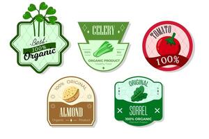 Retro fruits banner and labels. Different juices stickers. Packaging tags with sorrel, almond, celery, tomato. Set of seasonal fruits labels stickers and marks or badges template for packaging vector