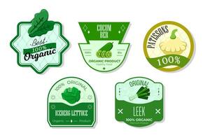 Retro fruits banner and labels. Different juices stickers. Packaging tags with cucumber, iceberg, leek, patissons. Set of seasonal fruits labels stickers and marks or badges template for packaging vector