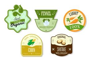 Retro fruits banner and labels. Different juices stickers. Packaging tags with corn, shiitake, carrot, fennel. Set of seasonal fruits labels stickers and marks or badges template for packaging vector