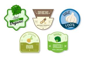 Retro fruits banner and labels. Different juices stickers. Packaging tags with soybeans, garlic, onion, broccoli. Set of seasonal fruits labels stickers and marks or badges template for packaging vector