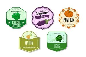 Different retro vegetables banner and labels. Packaging tags with apple. Set of seasonal vegetables labels stickers and marks or badges template for packaging vector