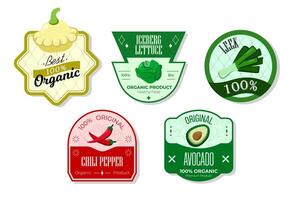 Retro fruits banner and labels. Different juices stickers. Packaging tags with leek, avocado, chili, iceberg. Set of seasonal fruits labels stickers and marks or badges template for packaging vector