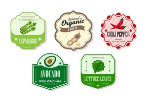 Different retro vegetables banner and labels. Packaging tags with asparagus, avocado, chili pepper, lettuce. Set of seasonal vegetables labels stickers and marks or badges template for packaging vector