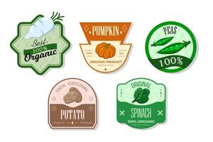 Retro fruits banner and labels. Different juices stickers. Packaging tags with pumpkin, peas, potato, spinach. Set of seasonal fruits labels stickers and marks or badges template for packaging vector