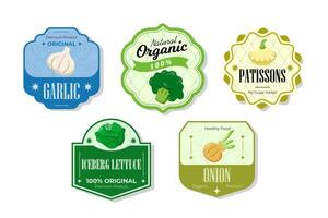 Different retro vegetables banner and labels. Packaging tags with garlic, patissons, iceberg, onion. Set of seasonal vegetables labels stickers and marks or badges template for packaging vector