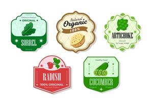 Different retro vegetables banner and labels. Packaging tags with sorrel, radish, cucumber, artichoke. Set of seasonal vegetables labels stickers and marks or badges template for packaging vector