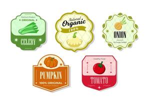 Different retro vegetables banner and labels. Packaging tags with celery, onion, pumpkin,, tomato. Set of seasonal vegetables labels stickers and marks or badges template for packaging vector