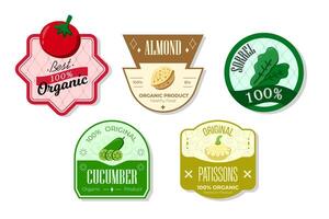 Retro fruits banner and labels. Different juices stickers. Packaging tags with cucumber. patissons, sorrel, almond. Set of seasonal fruits labels stickers and marks or badges template for packaging vector