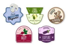 Retro fruits banner and labels. Different juices stickers. Packaging tags with eggplant, beet, ginger, cauliflower. Set of seasonal fruits labels stickers and marks or badges template for packaging vector