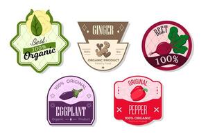 Retro fruits banner and labels. Different juices stickers. Packaging tags with beet, pepper, ginger, eggplant. Set of seasonal fruits labels stickers and marks or badges template for packaging vector