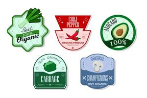 Retro fruits banner and labels. Different juices stickers. Packaging tags with cabbage, champignons, avocado, chili. Set of seasonal fruits labels stickers and marks or badges template for packaging vector