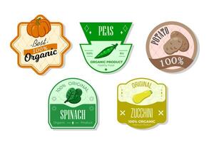 Retro fruits banner and labels. Different juices stickers. Packaging tags with spinach, potato, peas, zucchini. Set of seasonal fruits labels stickers and marks or badges template for packaging vector