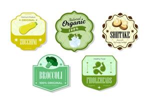 Different retro vegetables banner and labels. Packaging tags with shiitake, broccoli, zucchini, fiddleheads. Set of seasonal vegetables labels stickers and marks or badges template for packaging vector
