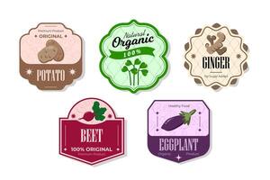 Different retro vegetables banner and labels. Packaging tags with potato, ginger, beet, eggplant. Set of seasonal vegetables labels stickers and marks or badges template for packaging vector