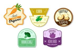 Retro fruits banner and labels. Different juices stickers. Packaging tags with broccoli, kohlrabi, shiitake, corn. Set of seasonal fruits labels stickers and marks or badges template for packaging vector