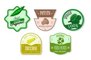 Retro fruits banner and labels. Different juices stickers. Packaging tags with potato, spinach, zucchini, fiddleheads. Set of seasonal fruits labels stickers and marks or badges template for packaging vector