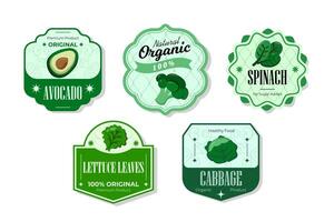 Different retro vegetables banner and labels. Packaging tags with avocado, lettuce, cabbage,spinach. Set of seasonal vegetables labels stickers and marks or badges template for packaging vector