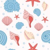 Seamless pattern with seashells, starfish and bubbles. Cute ocean design with marine elements. Perfect for summer decor, wrapping paper, textile, packaging or kids design. vector