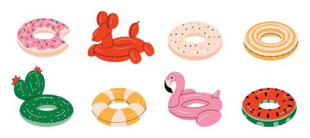 Set of colorful inflatable swim rings and pool floats. Includes donut, flamingo, cactus, watermelon, and lifebuoy. Fun water accessories for pool or beach. illustration isolated on white. vector