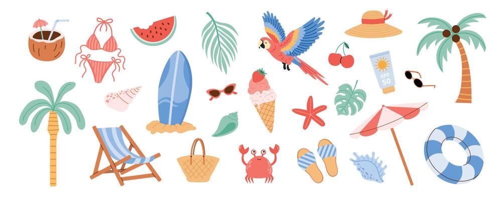 Cute summer beach icons collection. Swimsuit, watermelon, palm trees, surfboard, crab, sunglasses, ice cream, coconut drink and travel accessories in flat style.
