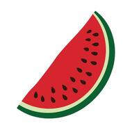 Watermelon slice with red pulp, black seeds and green rind. Fresh seasonal fruit cut in half moon shape. Juicy summer design element, isolated on white background. vector