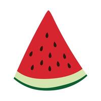 Watermelon triangle with red flesh, small black seeds and rind. Sweet summer fruit for healthy food or tropical design. Bright colorful element isolated on white background. vector
