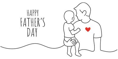 Happy Father's Day card with father holding child. Minimal one line drawing of dad and kid with red heart. Continuous line art illustration for Father's Day greeting design. White background. vector