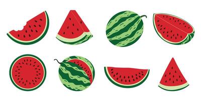 Flat watermelon set. Whole fruit and juicy slices in different shapes. Summer fruit icons isolated on white background. vector