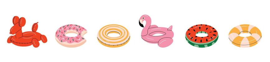 Set of inflatable swim rings and pool floats. Donut, flamingo, watermelon, lifebuoy and dog-shaped pool toys. Colorful summer collection. illustration isolated on white. vector