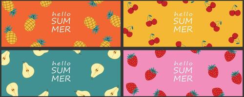 Set of bright summer fruit backgrounds with text hello summer. Pineapple, cherry, pear, strawberry pattern on colorful backgrounds. illustration for banner, postcard, or web design. vector