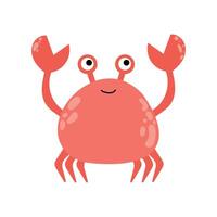 Smiling red crab character with claws up. Fun sea animal illustration for kids in flat cartoon style. Isolated on white background. vector