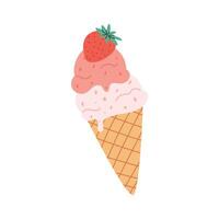 Cute strawberry ice cream cone with two scoops and a fresh berry on top. Summer sweet dessert illustration in flat style. Isolated on white background. vector