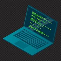 Isometric laptop. 3d isometric laptop computer. Abstract programming language and program code on a laptop screen. Isometric technology vector
