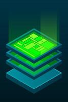 Isometric database. Isometric futuristic server. Big data isometric. Cloud computing and file cloud storage. Isometric. vector