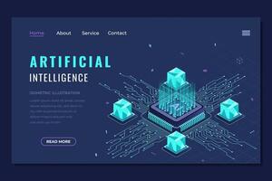 Isometric artificial intelligence landing page. Machine learning technology. Digital technology website landing page. Isometric technology vector