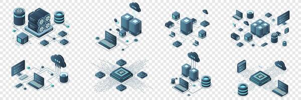 Set of isometric modern technology concept for cloud computing, Datacenter, Database, artificial intelligence, and blockchain technology vector