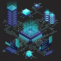 Isometric artificial intelligence chip concept. Artificial intelligence server. Futuristic microchip processor. Isometric cloud computing. Isometric vector