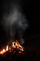 A person is standing over a bonfire with a fire in the background photo