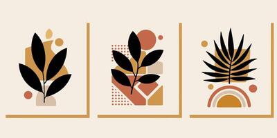 Bohemian leaves art print with geometric shapes on ochre vector