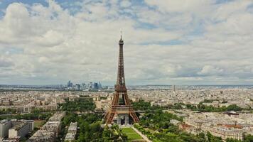 Drone horizontal panning view of the historic center of Paris with the Eiffel Tower in the foreground. France Paris photo