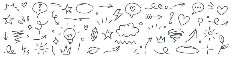 Collection of line marker hand drawn brush arrow element set. Sketch pencil stroke graphic pen underline scribble icon. Hand drawn line heart, crown, star symbol highlight marker shape vector